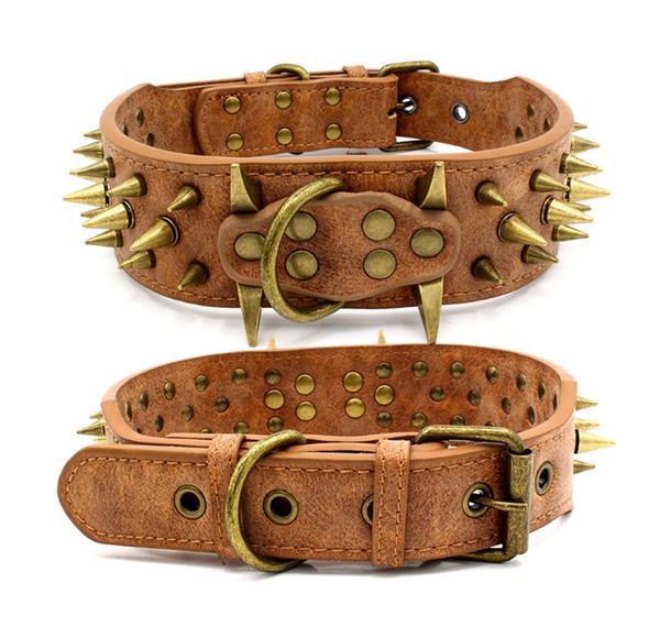 Luxus-Designer-Hundehalsbänder im Retro-Stil, Anti-Biss-Bronze, mit Spikes und Nieten, verstellbar, PU-Leder, 3 Farben, 2 Größen für große Hunde (L, scharfes Braun)