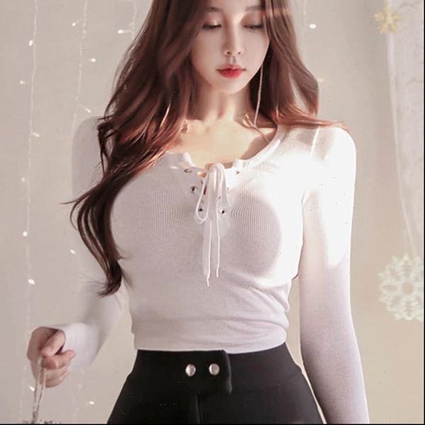 

summer women fashion lace up slim t shirt v neck hollow out korean tees casual basic female, White