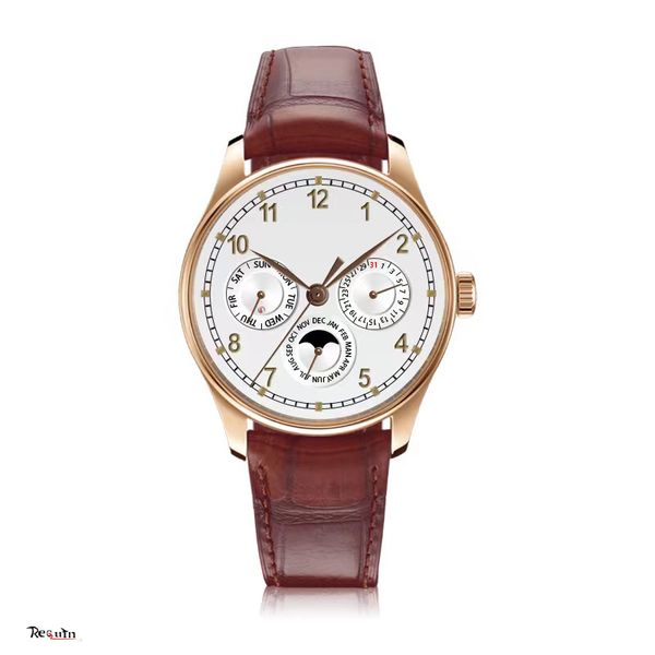 

men's automatic mechanical watch perpetual calendar rose gold stainless steel case brown strap moon phase white dial full working iw344, Slivery;brown
