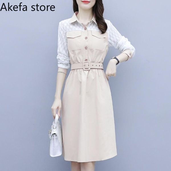 

casual dresses spring patchwork turn-down collar shirt dress women office lady long sleeve belt party elegant elastic waist a-line, Black;gray