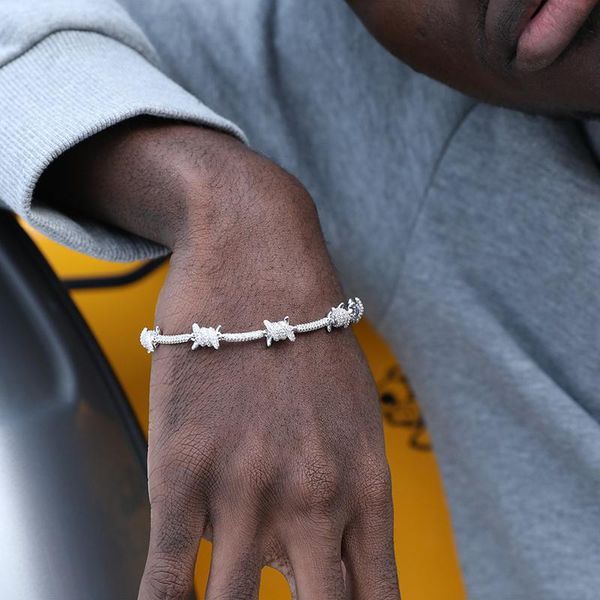 

link, chain hip hop 8mm iced out bling + cz rock thorns cuban link cubic zirconia bracelet men women trendy gold white plated jewelry, Black