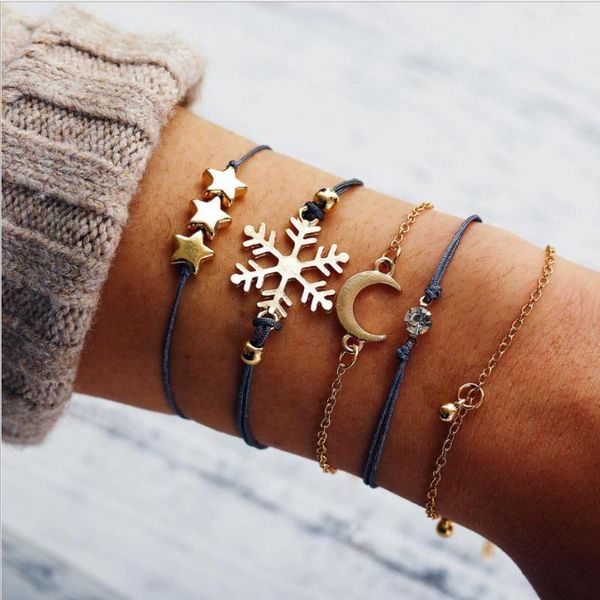 

link, chain bracelet set 5pcs/set rope metal snowflake moon star round disc charm white crystal setting gold color plated, Black