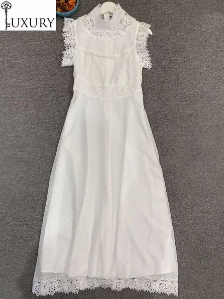 

casual dresses white high 2021 quality summer women stand neck hollow out lace patchwork polka dot patterns sleeveless mid-calf dress, Black;gray