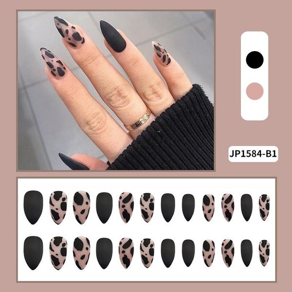 

false nails 24pcs long stiletto nail tips press on design black leopard full cover fake with glue acrylic, Red;gold