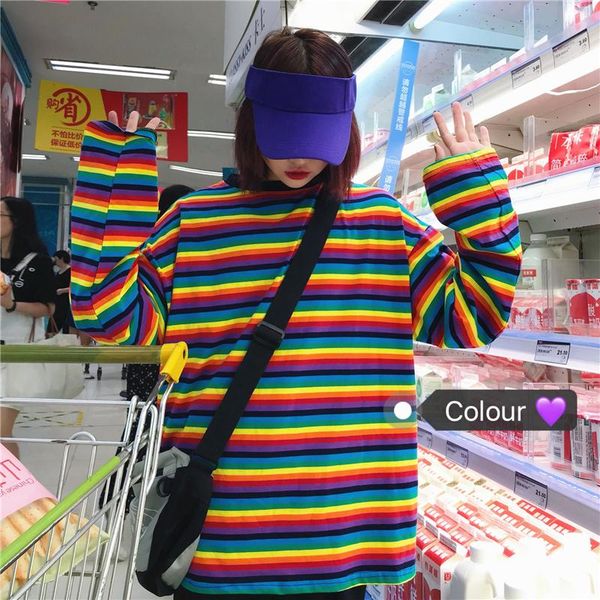 

women's hoodies & sweatshirts 2021 streetwear autumn women korean ulzzang harajuku rainbow striped long sleeve hoody sweatshirt female, Black
