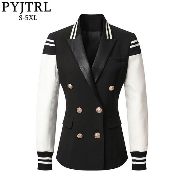 

pyjtrl women's fashion casual leather patchwork double breasted jacket stylish classic varsity 211014, Black;brown