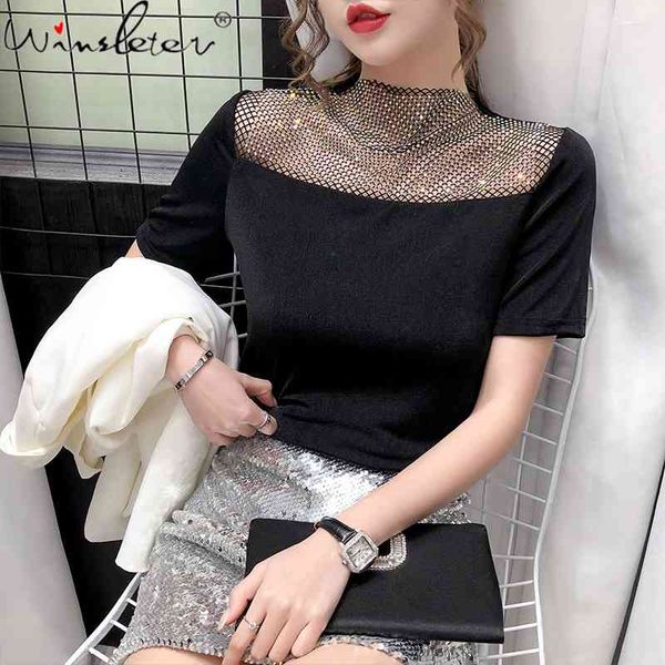 

women's t-shirt summer european clothes girls hollow out shiny diamonds women short sleeve bottoming shirt tees t12103a, White