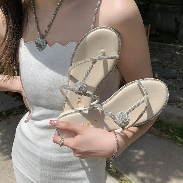 

sandals slippers female ins tide 2021 summer wild fairy feng rhinestone word cross clip toe wear, Black