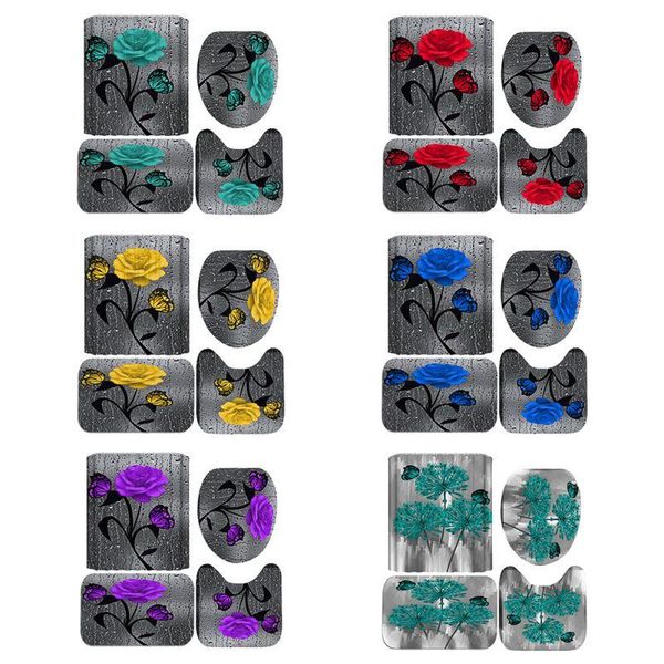 

4pcs/set christmas printing shower curtain toilet seat cover and rug bath mat home bathroom accessories set # curtains
