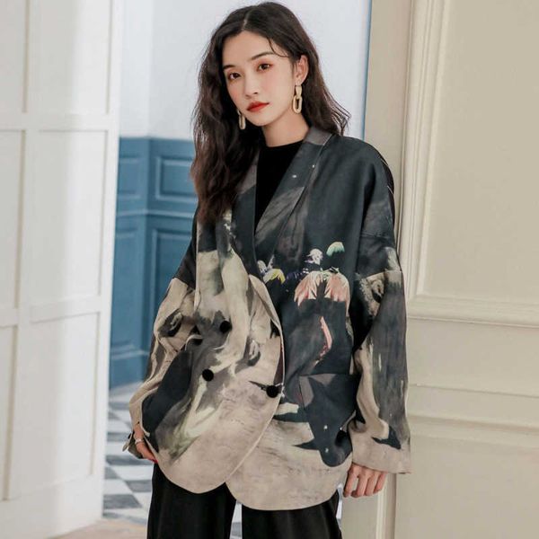 

[ewq] korea chic casual fashion lapel single-breasted tie-dye pockets loose long-sleeved blazer women autumn jacket e727h09 210930, White;black