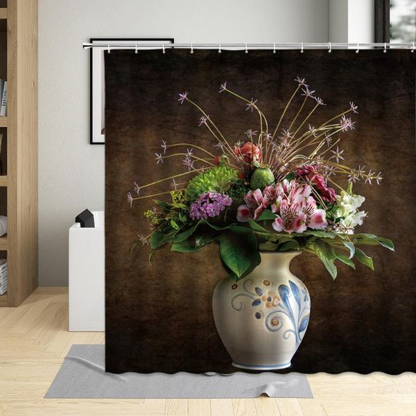 

retro european shower curtain vase flowers potted pastoral bath curtains set polyester fabric western style home decor screens