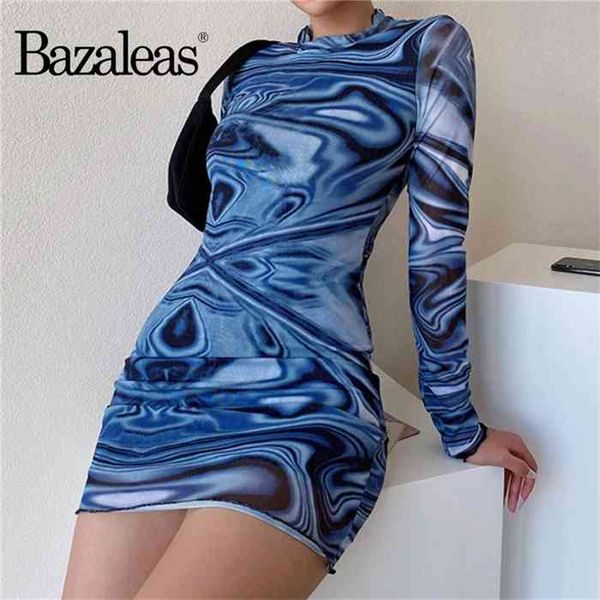 

bazaleas slim blue wave pattern vestidos vintage long sleeve women dresses fashion mesh women mini dress, Black;gray