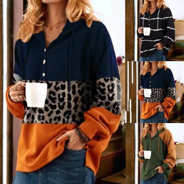 

women's sweaters 2021 y2k clothes solid color button v-neck casual pullover stitching hooded sweatshirt long sleeve hoodie, White;black