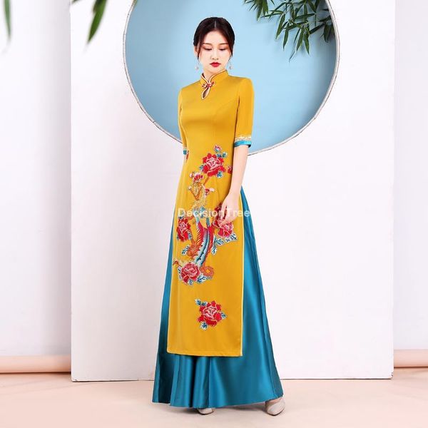 

ethnic clothing 2021 traditional vietnam ao dai chinese dress qipao for women flower embroidery cheongsam style costume aodai, Red