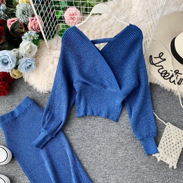 

two piece dress woman elegant bling outfit tracksuit knitted suits lantern sleeve v-neck sweater midi wrap skirt 2 sets, White