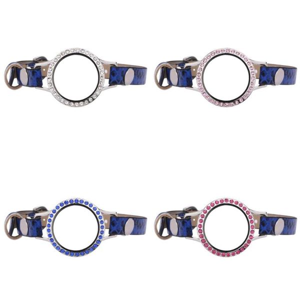 

5pcs/lot 30mm different color crystals locket 7cm+15cm snake blue single wrap pu leather bracelets wristband with 50pcs charms charm, Golden;silver