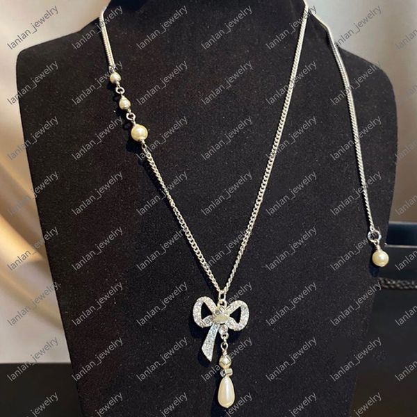 

designer necklaces double letter logo glass crystal pearl pendant bow shaped necklace silver with box lh-c14