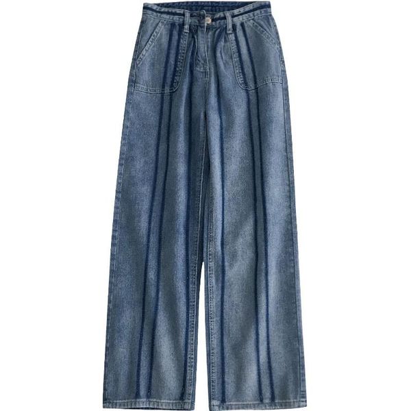 

women's jeans women loose high waist wide leg for straight striped jean femme retro cotton pants 2021trousers streetwear wj161, Blue