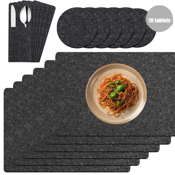 18 pcs / conjunto Lavável Feltro Placemats Tapetes de mesa Coasters Cutlery Cutlery Sacos de isolamento Absorventes Absorvente Esteira antiderrapante WXV 210706