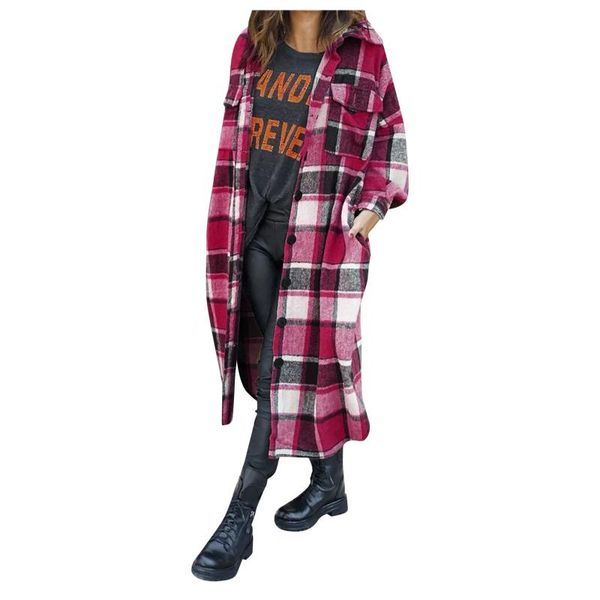 

women's trench coats 2021 autumn women shirt coat fashion plaid printed turn down collar long casual single-breasted female overcoat, Tan;black