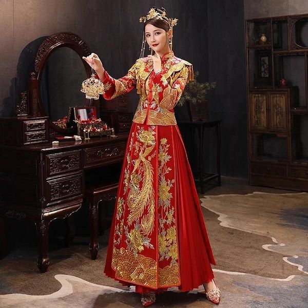

toast clothing chinese style slim wedding dress wealthy flower xiuhe women dragon and phoenix gown ethnic, Red