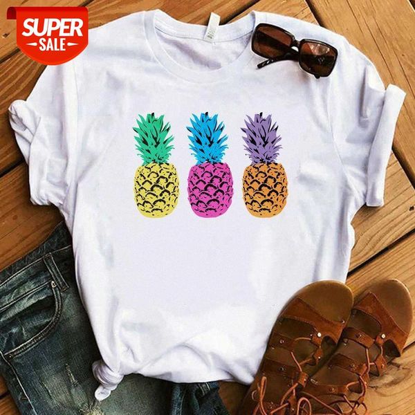 

pineapple watermelon fruit print ladies short sleeve white round neck t-shirt #zi7v