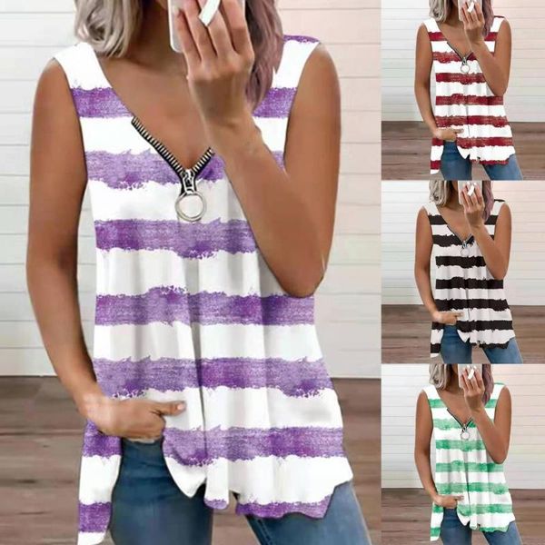 

women's tanks & camis classic zipper striped print casual all match vest cool v-neck sleeveless loose ladies clothing sweat absorbing f, White