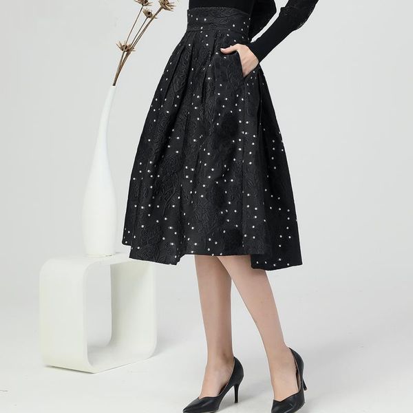 

skirts pleated vintage black floral print polka dots tutu skirt 2021 high waist a-line mid-calf on knee ball gown plus size jupe