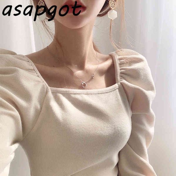 

asapgot ol fashion chic korea autumn slim pleated square neck knitted apricot puff long sleeve woman tshirts casual wild 210429, White