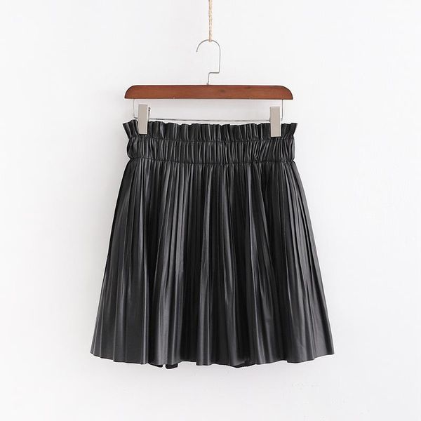 

mini fashion faux pleated leather skirt women elegant elastic waist lined skirts female ladies, Black