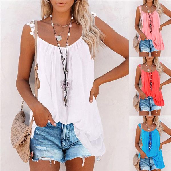 

women's t-shirt summer lace sling camisole women solid vest double layer stitching lady beach casual loose camis, White