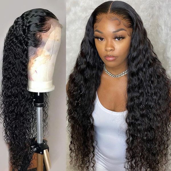 

lowell 13x4 deep curly lace front human hair wigs for women 30 inch pre plucked brazilian glueless short frontal water wave wig, Black