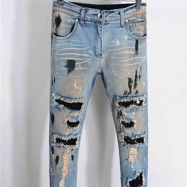 

tide brand am used 523 jeans youth stretch slim small foot patch high street, Blue