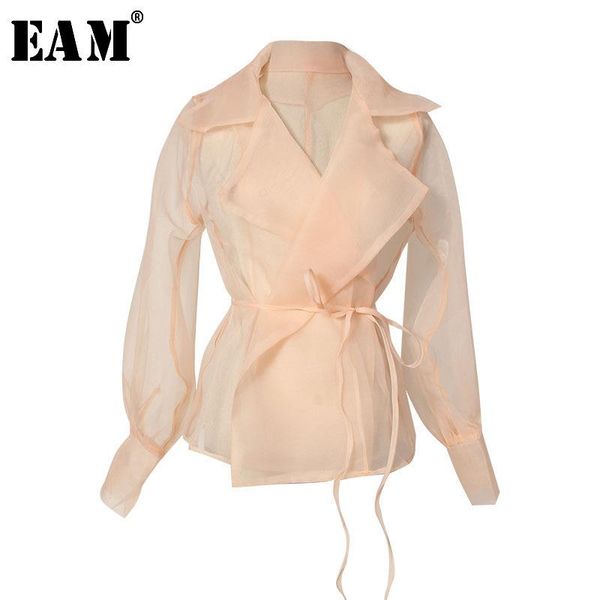 

women's blouses & shirts [eam] women organza perspective temperament blouse lapel long sleeve loose fit shirt fashion tide spring autum, White