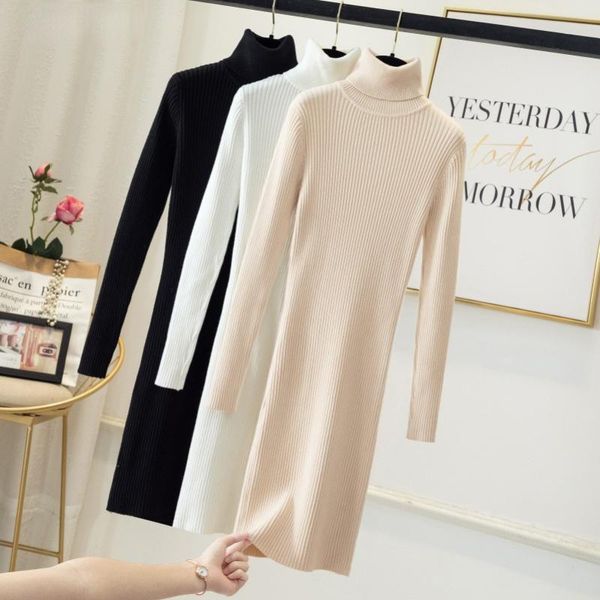 

casual dresses knitted dress women winter long sleeve slim elegant pullovers sweater female 2021 korean fashion turtleneck sweaters, Black;gray