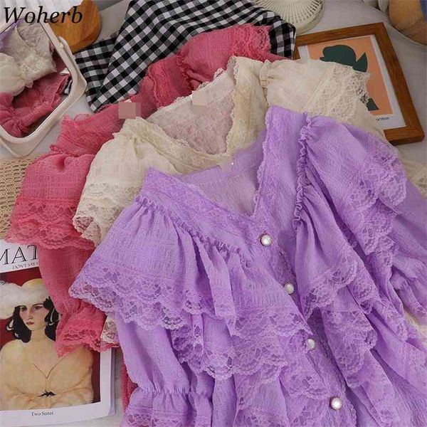 

korean style blouse fashion lace ruffle patchwork women ropa mujer summer short sleeve shirt blusas 210519, White