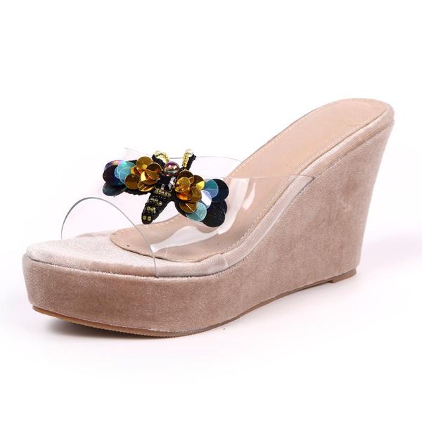

women's summer transparent plastic sandal high heel beaded clear shoes wedge open toe heels sandals in for ladies, Black