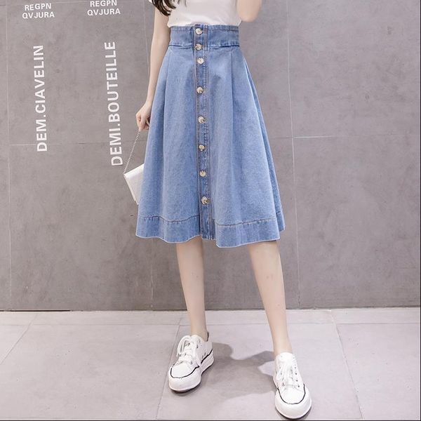 

elegant women skirts long denim skirt fashion elastic high waist single breasted a line korean ladies cotton jean, Black