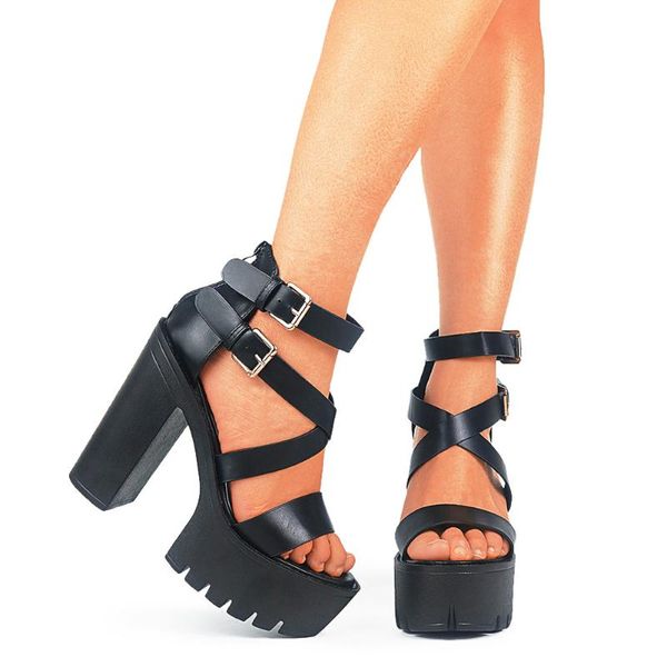 

karin gothic style thick platform square high heels cross strap party lady summer sandals women shoes big size 42 dress, Black