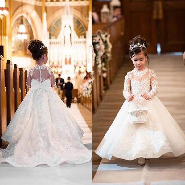 

girl's dresses lovely flower girls for weddings princess jewel long sleeves lace appliques big bow sweep train little kids holy pageant, Red;yellow