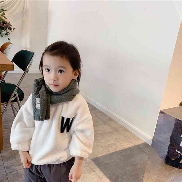 

autumn cute kids letters embroidery push long sleeve pullovers loose soft coral velvet sweatshirts 210708, Black