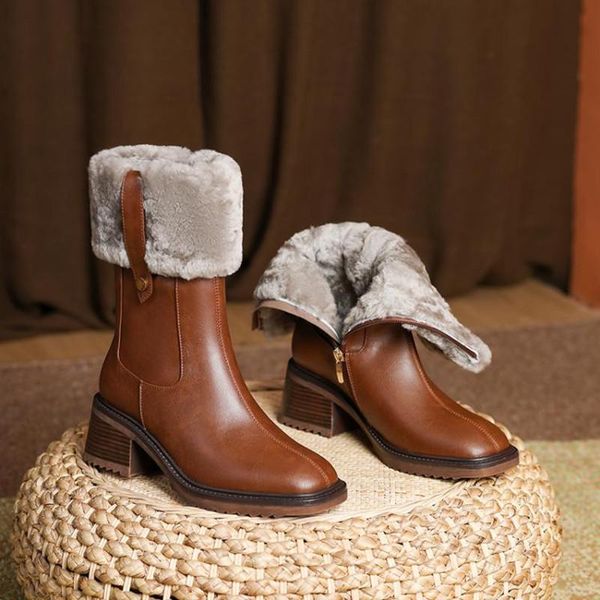 

boots leshion of chanmeb warm sheep wool fur womans cold winter natural genuine cow leather snow ladies chunky heels shoes, Black