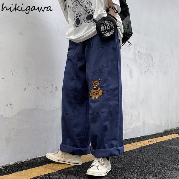

hikigawa women pants casual high waist sweatpants spring korean style hip-hop streetwear embroidery bear loose overalls trousers women', Black;white
