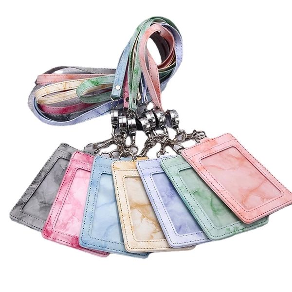 

fashion leather badge holder business card case for women marble style luxury student card holders with retractable lanyard, Brown;gray