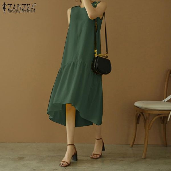 

casual dresses plus size summer dress 2021 zanzea bohemian women sleeveless solid beach sundress female holiday ruffles hem vestidos, Black;gray