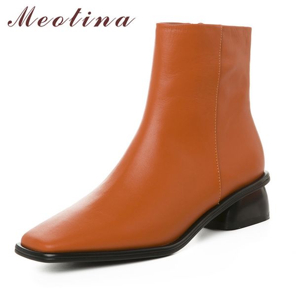 

autumn ankle boots women natural genuine leather chunky heel short zipper square toe shoes lady winter size 34-39 210517, Black