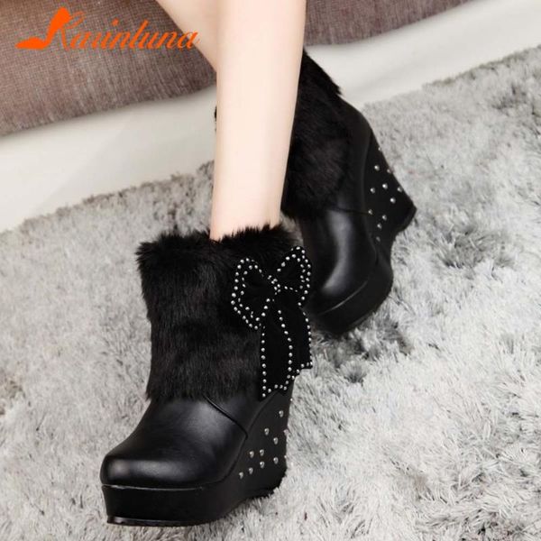 

boots karin 2021 fashion design shoes lady women short plush warm platform ankle rivet wedges heels big size 39, Black