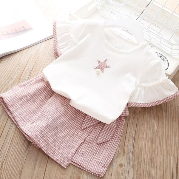 

summer fashion girls clothing suit toddler kid short-sleeved star print t-shirt + lattice lacing skirt pants sets, White