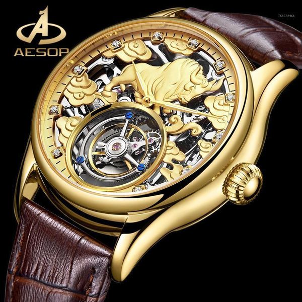 

wristwatches aesop men's mechanical watch + real tourbillon zodiac cow dial double-sided sapphire glass waterproof men, Slivery;brown