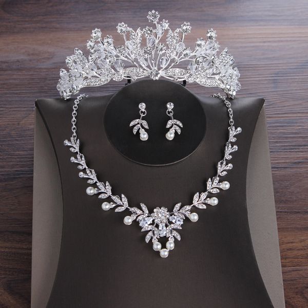 

jewelry set korean bride's crown necklace earrings exquisite flower zircon three piece of accessories evening dress, Slivery;golden